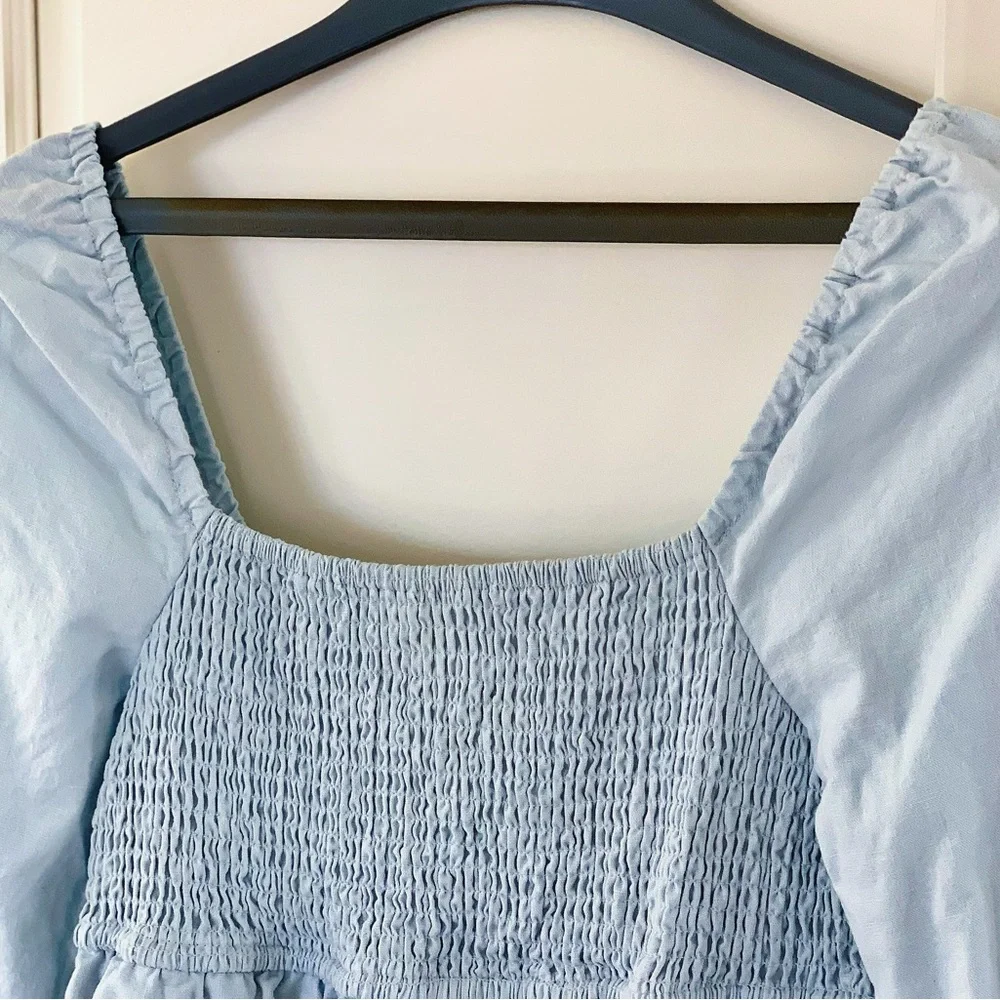 7 For All Mankind Baby Blue Linen Cotton Blend Long-sleeve Dress - Picture 5 of 6